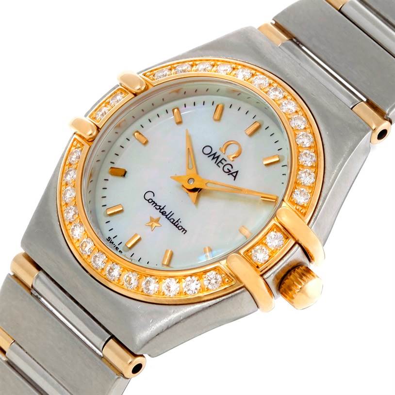 This image shows a close-up view of the Omega 56945066 Women's Steel and Gold (two tone) Mother of Pearl Dial 56945066 Women's Steel and Gold (two tone) Mother of Pearl Dial Constellation Mini Steel and Gold Diamond Watch, focusing on the face and part of the bracelet.