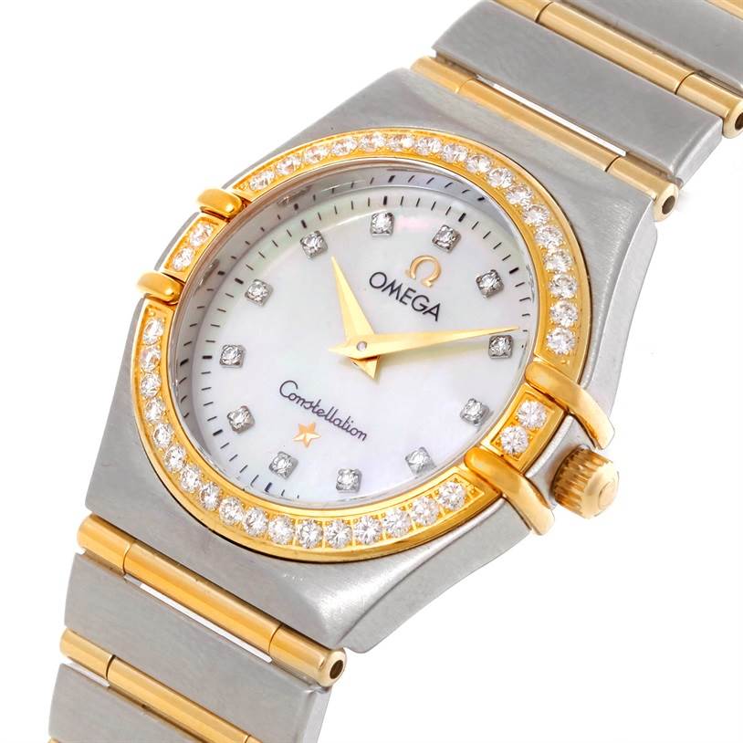 The image shows an angled view of the Omega 1277.75.00 Women's Steel and Gold (two tone) Mother of Pearl Dial 1277.75.00 Women's Steel and Gold (two tone) Mother of Pearl Dial Constellation My Choice Steel Gold Diamond Watch 1277.75.00, highlighting the bezel, dial, and bracelet.