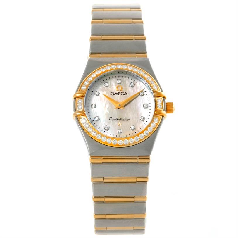 This image shows a front view of the Omega 1277.75.00 Women's Steel and Gold (two tone) Mother of Pearl Dial 1277.75.00 Women's Steel and Gold (two tone) Mother of Pearl Dial Constellation My Choice Steel Gold Diamond Watch 1277.75.00 model.