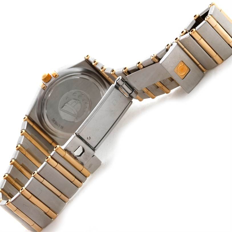This image shows the back and partially opened bracelet of the Omega 1277.75.00 Women's Steel and Gold (two tone) Mother of Pearl Dial 1277.75.00 Women's Steel and Gold (two tone) Mother of Pearl Dial Constellation My Choice Steel Gold Diamond Watch 1277.75.00.