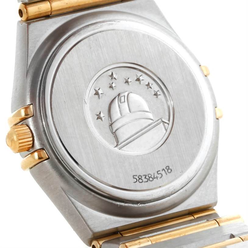 The image shows the back case of the Omega 1277.75.00 Women's Steel and Gold (two tone) Mother of Pearl Dial 1277.75.00 Women's Steel and Gold (two tone) Mother of Pearl Dial Constellation My Choice Steel Gold Diamond Watch 1277.75.00 model.