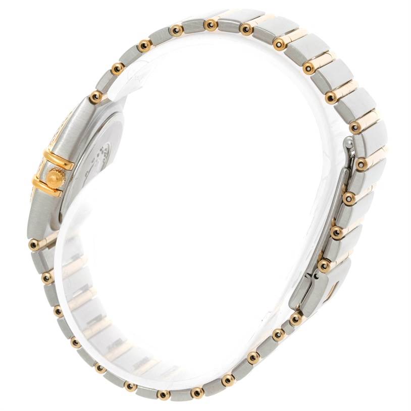 This image shows the side view of the Omega 1277.75.00 Women's Steel and Gold (two tone) Mother of Pearl Dial 1277.75.00 Women's Steel and Gold (two tone) Mother of Pearl Dial Constellation My Choice Steel Gold Diamond Watch 1277.75.00, highlighting its bracelet and clasp.