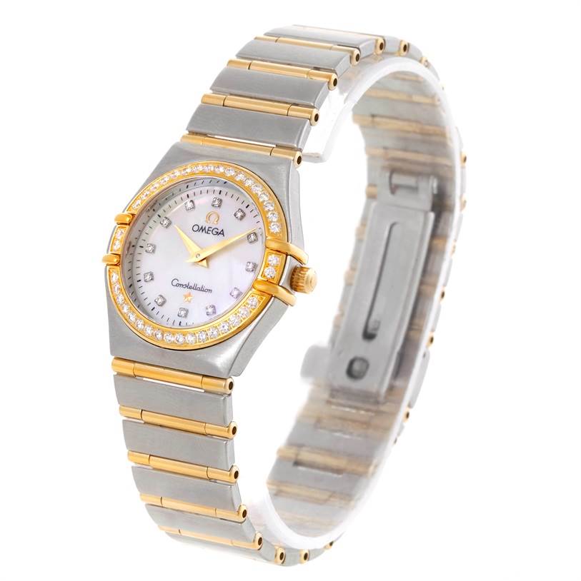 The image shows an angled view of the Omega 1277.75.00 Women's Steel and Gold (two tone) Mother of Pearl Dial 1277.75.00 Women's Steel and Gold (two tone) Mother of Pearl Dial Constellation My Choice Steel Gold Diamond Watch 1277.75.00, displaying its face and strap.