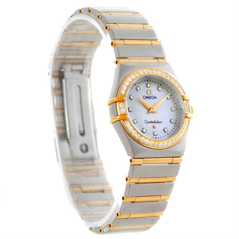 The image shows an Omega 1277.75.00 Women's Steel and Gold (two tone) Mother of Pearl Dial 1277.75.00 Women's Steel and Gold (two tone) Mother of Pearl Dial Constellation My Choice Steel Gold Diamond Watch 1277.75.00, displaying the face, bezel, and bracelet.