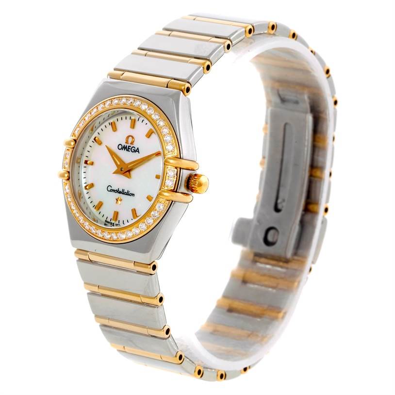 The Omega 1277.70.00 Women's Steel and Gold (two tone) Mother of Pearl Dial 1277.70.00 Women's Steel and Gold (two tone) Mother of Pearl Dial Constellation My Choice Steel Gold Diamond Watch 1277.70.00 is shown from an angled front view, highlighting its bezel, dial, and bracelet.