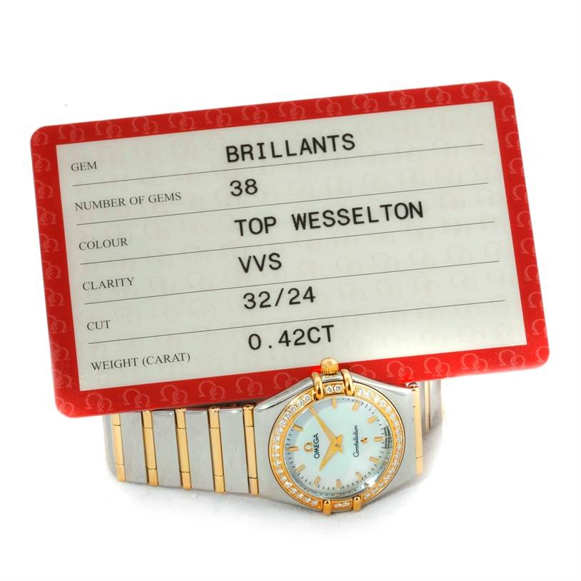 The Omega 1277.70.00 Women's Steel and Gold (two tone) Mother of Pearl Dial 1277.70.00 Women's Steel and Gold (two tone) Mother of Pearl Dial Constellation My Choice Steel Gold Diamond Watch 1277.70.00 is shown from a front angle with its face and band visible.