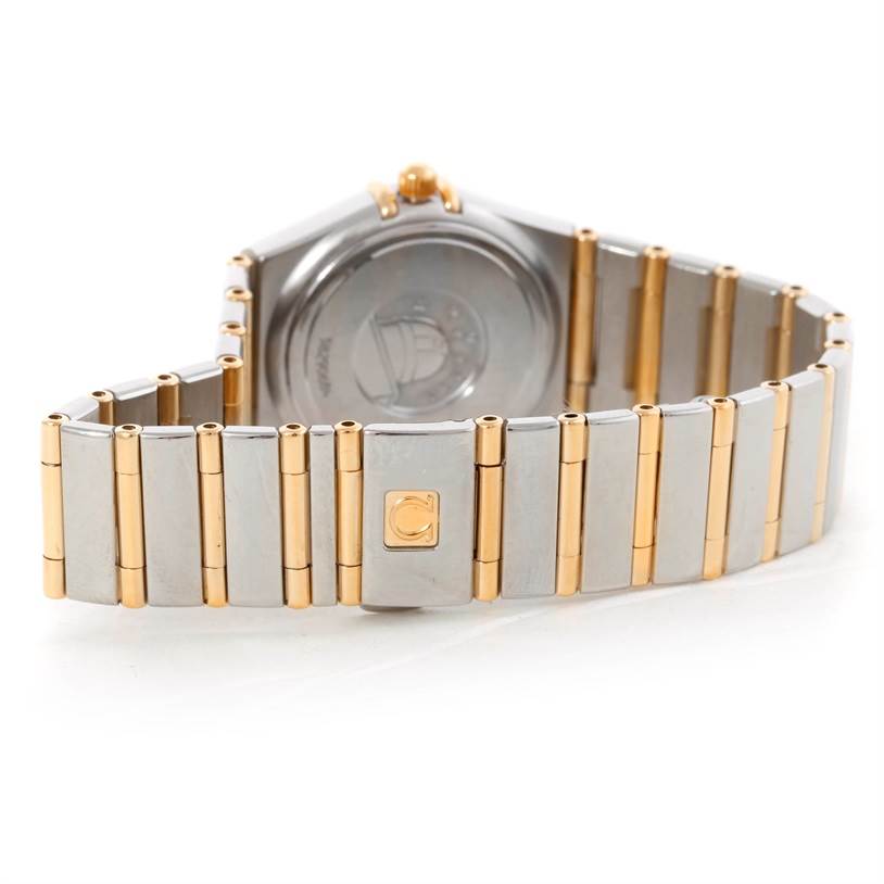 The image shows the back and bracelet of the Omega 1277.70.00 Women's Steel and Gold (two tone) Mother of Pearl Dial 1277.70.00 Women's Steel and Gold (two tone) Mother of Pearl Dial Constellation My Choice Steel Gold Diamond Watch, model 1277.70.00.