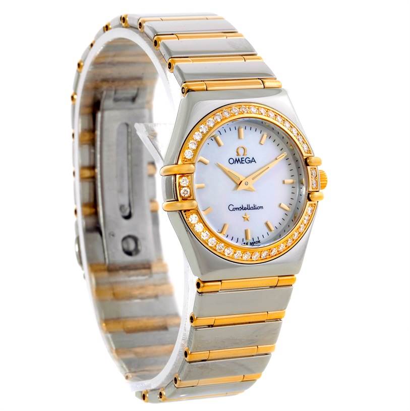 The image shows a front angled view of the Omega 1277.70.00 Women's Steel and Gold (two tone) Mother of Pearl Dial 1277.70.00 Women's Steel and Gold (two tone) Mother of Pearl Dial Constellation My Choice Steel Gold Diamond Watch 1277.70.00, highlighting its bracelet and diamond bezel.