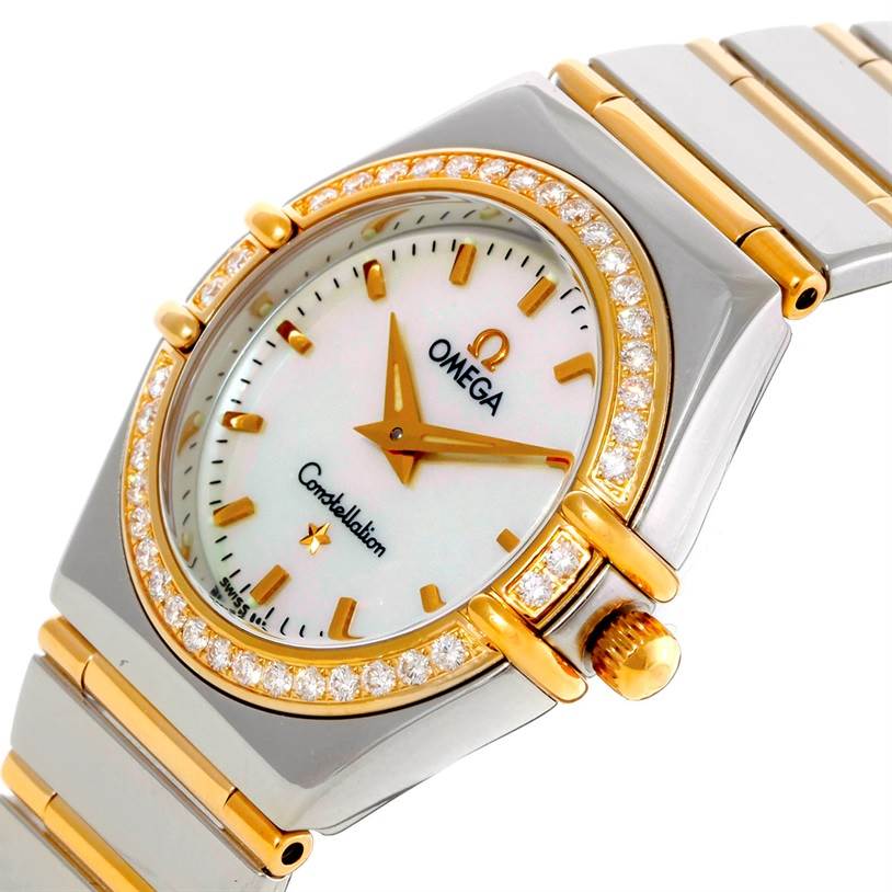 The image shows the dial, crown, and part of the band of the Omega 1277.70.00 Women's Steel and Gold (two tone) Mother of Pearl Dial 1277.70.00 Women's Steel and Gold (two tone) Mother of Pearl Dial Constellation My Choice Steel Gold Diamond Watch 1277.70.00 at an angled view.
