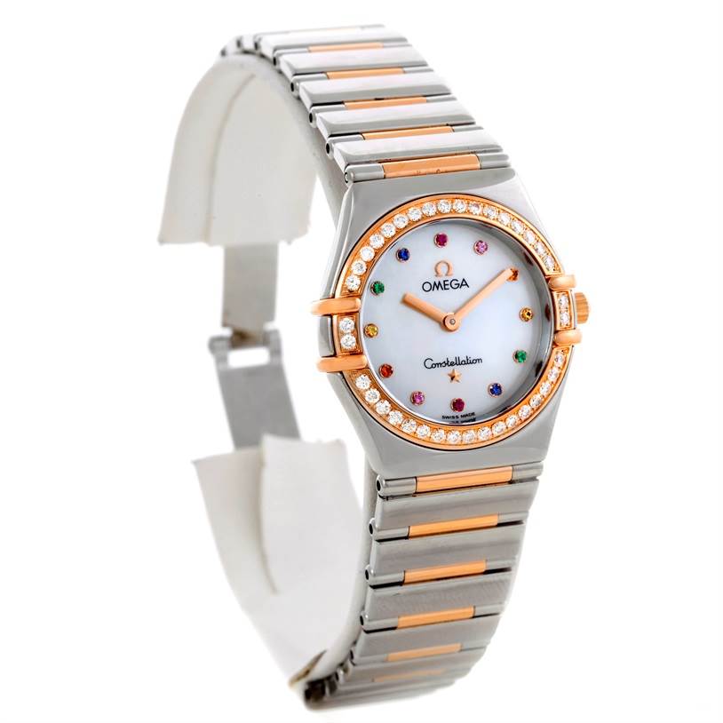 The image shows an angled view of the Omega 1358.79.00 Women's Steel and Gold (two tone) Mother of Pearl Dial 1358.79.00 Women's Steel and Gold (two tone) Mother of Pearl Dial Constellation Iris Steel Rose Gold Multi Stone Watch 1358.79.00, highlighting the watch face and bracelet.