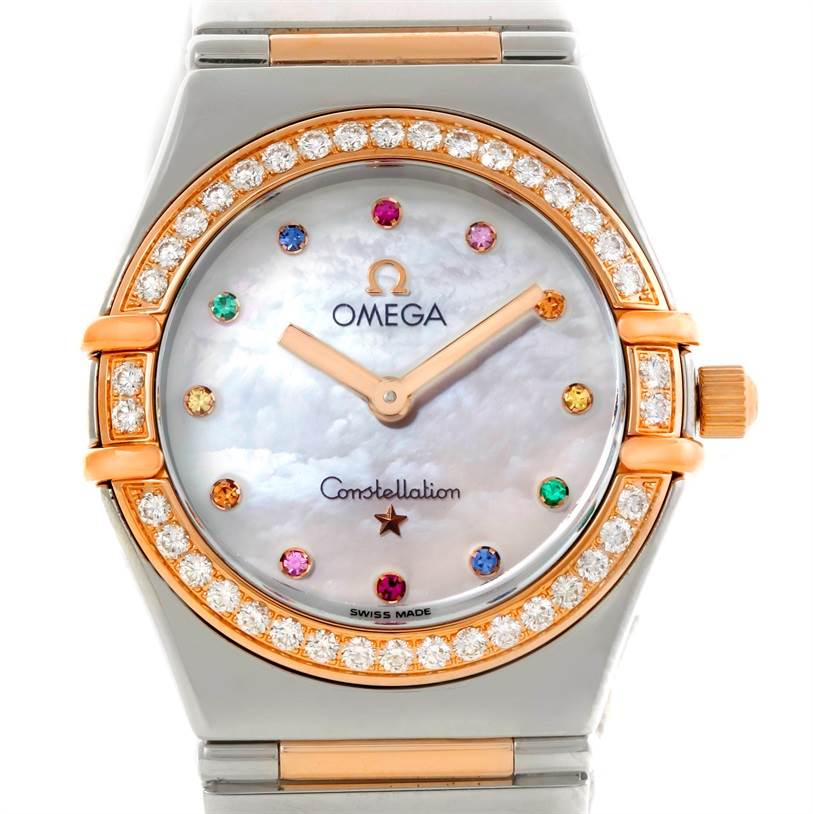 The image shows a front-facing view of the Omega 1358.79.00 Women's Steel and Gold (two tone) Mother of Pearl Dial 1358.79.00 Women's Steel and Gold (two tone) Mother of Pearl Dial Constellation Iris Steel Rose Gold Multi Stone Watch 1358.79.00.