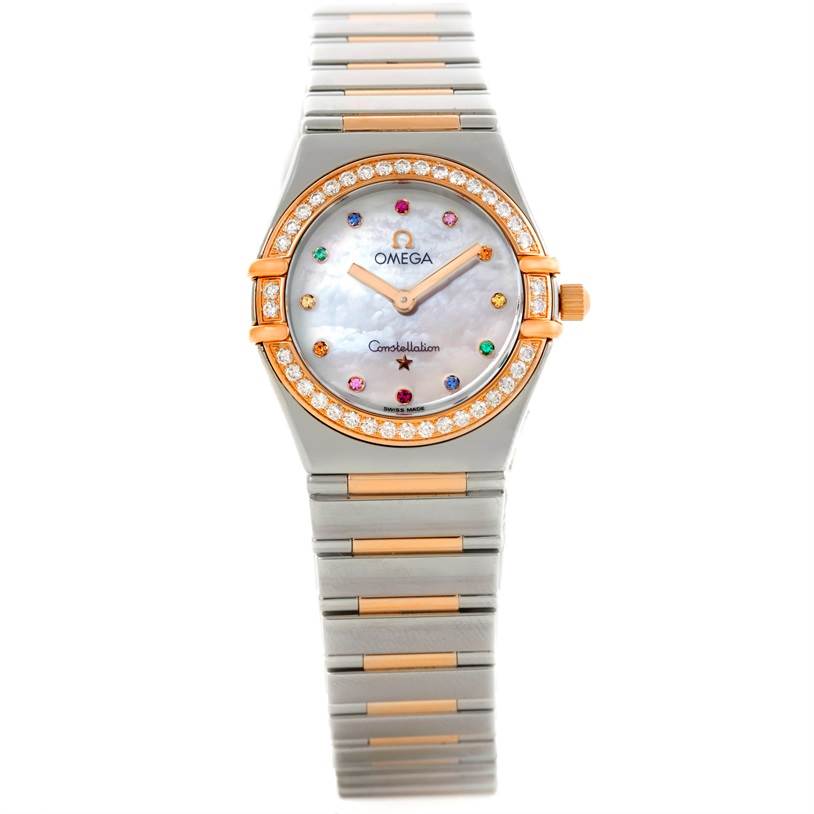 This image shows a frontal view of the Omega 1358.79.00 Women's Steel and Gold (two tone) Mother of Pearl Dial 1358.79.00 Women's Steel and Gold (two tone) Mother of Pearl Dial Constellation Iris Steel Rose Gold Multi Stone Watch 1358.79.00 with its full bracelet.