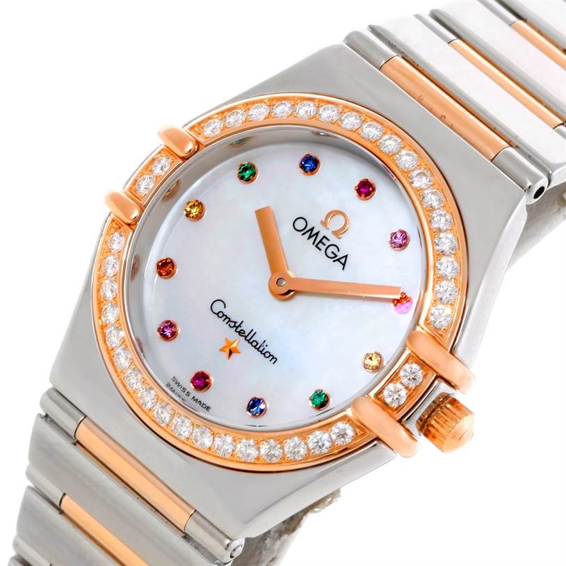 The image shows a close-up angle of the Omega 1358.79.00 Women's Steel and Gold (two tone) Mother of Pearl Dial 1358.79.00 Women's Steel and Gold (two tone) Mother of Pearl Dial Constellation Iris Steel Rose Gold Multi Stone Watch 1358.79.00, focusing on the face and bezel.