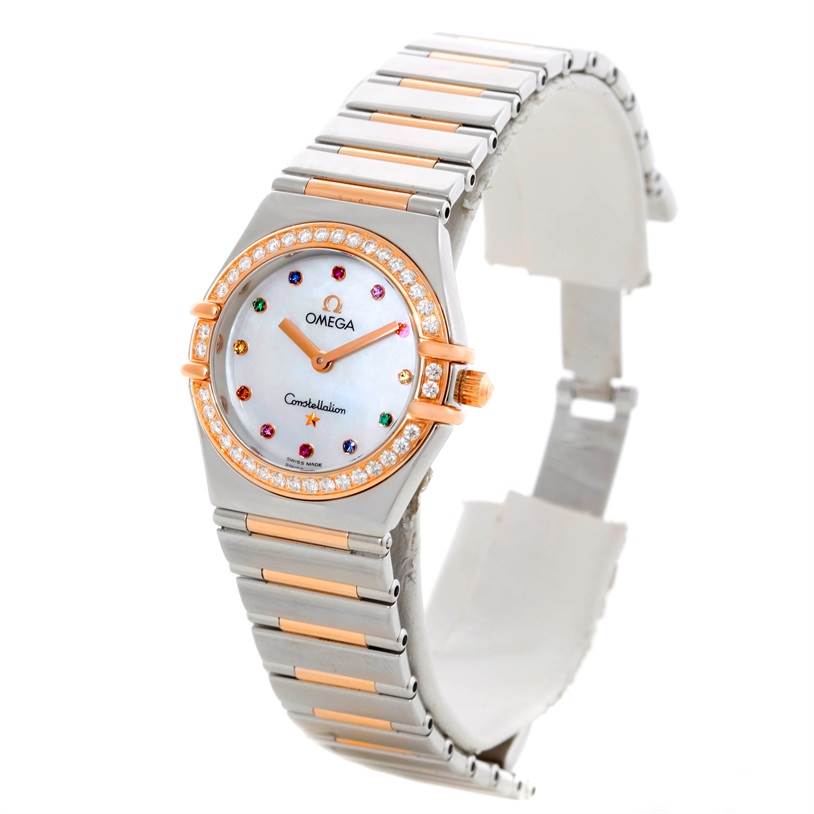 The Omega 1358.79.00 Women's Steel and Gold (two tone) Mother of Pearl Dial 1358.79.00 Women's Steel and Gold (two tone) Mother of Pearl Dial Constellation Iris Steel Rose Gold Multi Stone Watch 1358.79.00 is shown at an angle displaying the dial, bezel, and bracelet.