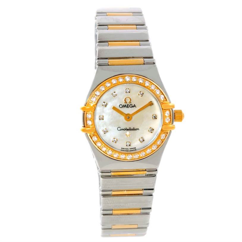 The image shows a front view of the Omega 1365.71.00 Women's Steel and Gold (two tone) Mother of Pearl Dial 1365.71.00 Women's Steel and Gold (two tone) Mother of Pearl Dial Constellation Mini Steel Yellow Gold Diamond Watch model 1365.71.00.