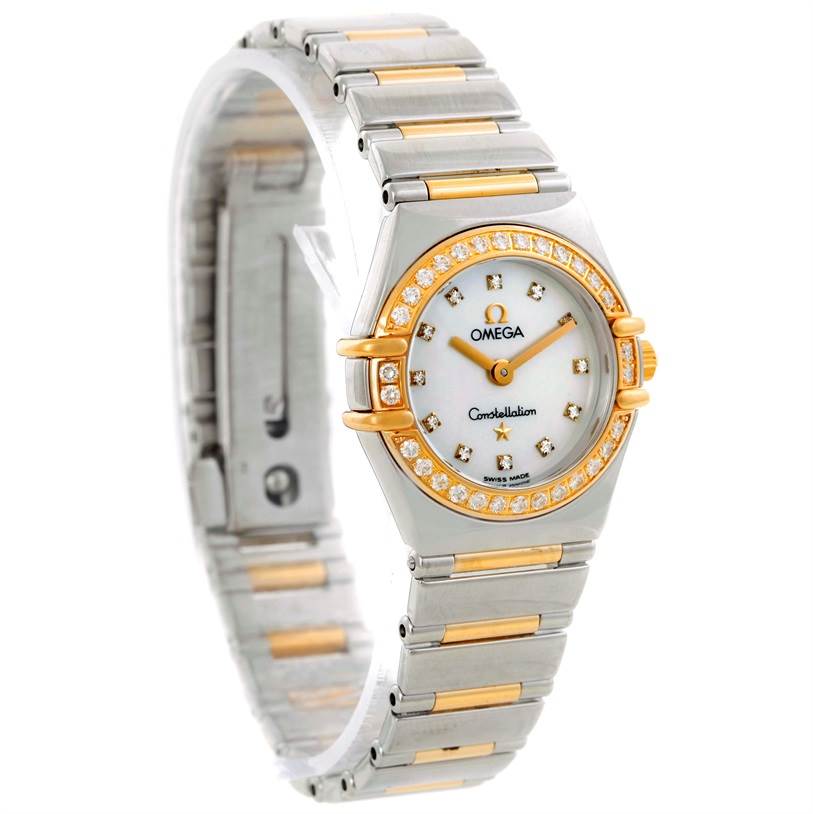 The image shows an angled view of the full Omega 1365.71.00 Women's Steel and Gold (two tone) Mother of Pearl Dial 1365.71.00 Women's Steel and Gold (two tone) Mother of Pearl Dial Constellation Mini Steel Yellow Gold Diamond Watch 1365.71.00, highlighting its face, bezel, and bracelet.