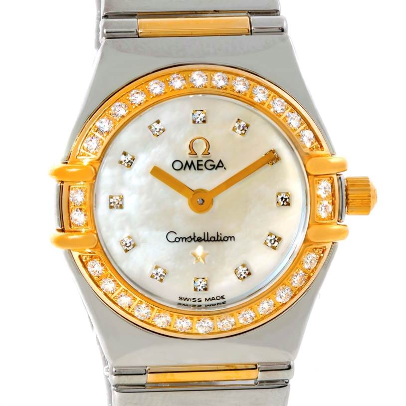 The Omega 1365.71.00 Women's Steel and Gold (two tone) Mother of Pearl Dial 1365.71.00 Women's Steel and Gold (two tone) Mother of Pearl Dial Constellation Mini Steel Yellow Gold Diamond Watch 1365.71.00 is shown from the front, highlighting its face and bezel.