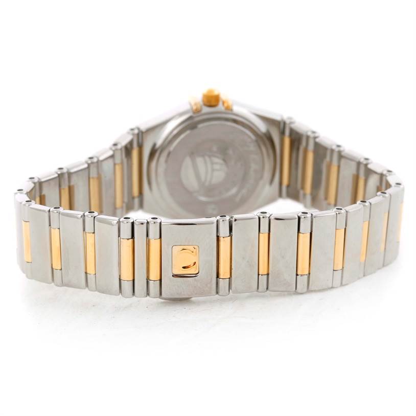 The image shows the back and bracelet of the Omega 1365.71.00 Women's Steel and Gold (two tone) Mother of Pearl Dial 1365.71.00 Women's Steel and Gold (two tone) Mother of Pearl Dial Constellation Mini Steel Yellow Gold Diamond Watch model 1365.71.00.
