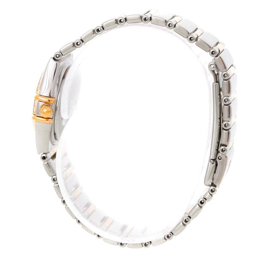 This image shows a side view of the Omega 1365.71.00 Women's Steel and Gold (two tone) Mother of Pearl Dial 1365.71.00 Women's Steel and Gold (two tone) Mother of Pearl Dial Constellation Mini Steel Yellow Gold Diamond Watch 1365.71.00, highlighting the bracelet and crown.