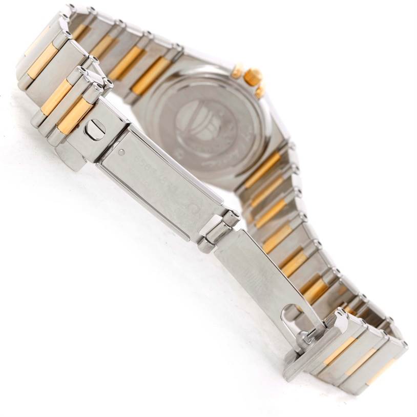 This image shows the back view and clasp of the Omega 1365.71.00 Women's Steel and Gold (two tone) Mother of Pearl Dial 1365.71.00 Women's Steel and Gold (two tone) Mother of Pearl Dial Constellation Mini Steel Yellow Gold Diamond Watch model 1365.71.00.