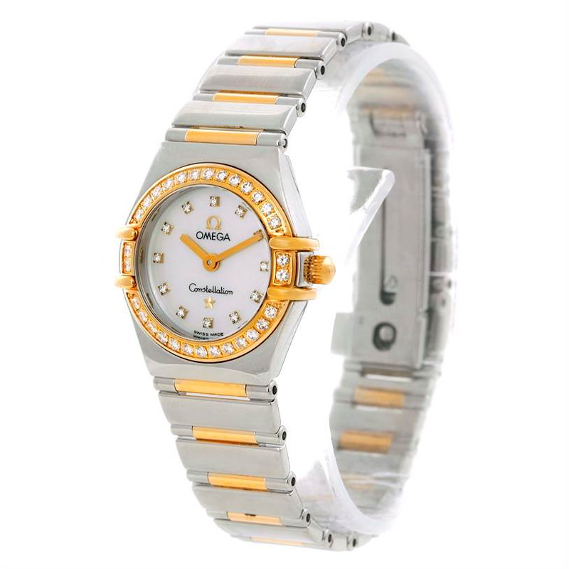 The image shows an Omega 1365.71.00 Women's Steel and Gold (two tone) Mother of Pearl Dial 1365.71.00 Women's Steel and Gold (two tone) Mother of Pearl Dial Constellation Mini Steel Yellow Gold Diamond Watch 1365.71.00 model, angled to display its face and bracelet.