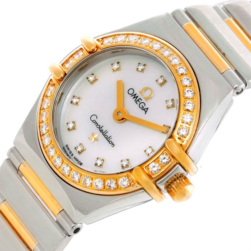 This image shows the dial, bezel, and part of the bracelet of the Omega 1365.71.00 Women's Steel and Gold (two tone) Mother of Pearl Dial 1365.71.00 Women's Steel and Gold (two tone) Mother of Pearl Dial Constellation Mini Steel Yellow Gold Diamond Watch 1365.71.00 model.
