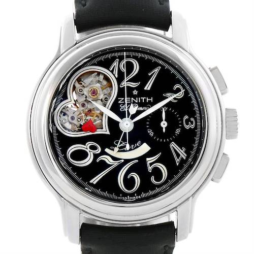 This image shows a Zenith El Primero 03.1230.4021/21.C545 Women's Stainless Steel Black Dial 03.1230.4021/21.C545 Women's Stainless Steel Black Dial watch directly from the front, highlighting its dial, hands, and visible inner mechanisms.