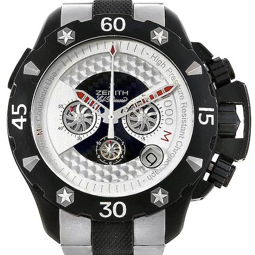 The image shows a front view of the Zenith Defy 96.0525.4000 Men's Titanium Silver Dial 96.0525.4000 Men's Titanium Silver Dial watch, highlighting its dial, bezel, and chronograph subdials.