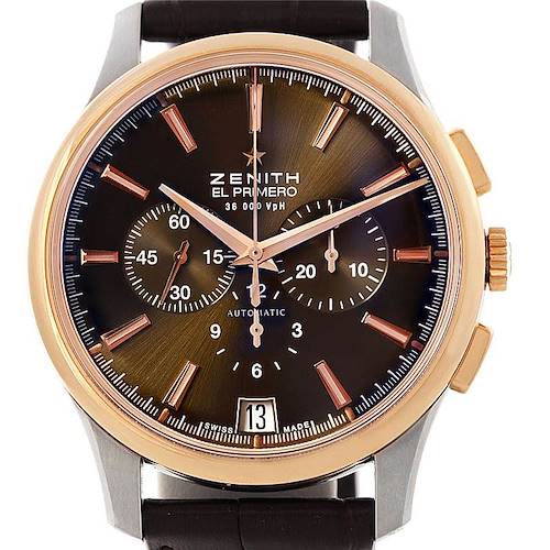 The image shows a front view of a Zenith Captain 51.2112.400 Men's Steel and Gold (two tone) Brown Dial 51.2112.400 Men's Steel and Gold (two tone) Brown Dial model watch with a black and gold dial, subdials, and a leather strap.