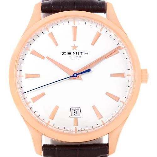 The image shows a front view of a Zenith Captain 18.2020.670 Men's Rose Gold White Dial 18.2020.670 Men's Rose Gold White Dial model watch with a white dial, gold hands and markers, and a brown leather strap.