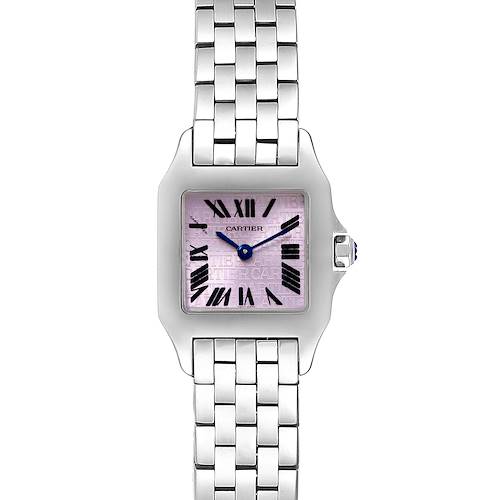 The Cartier Santos Demoiselle W2510002 Women's Stainless Steel Purple Dial W2510002 Women's Stainless Steel Purple Dial watch is shown from the front, displaying the dial, case, and part of the bracelet.