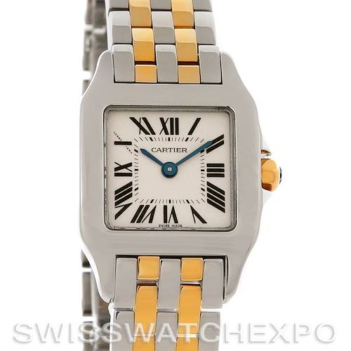 The Cartier Santos Demoiselle W25066Z6 Women's Steel and Gold (two tone) Silver Dial W25066Z6 Women's Steel and Gold (two tone) Silver Dial watch's face and two-tone metallic bracelet are shown from a front angle.