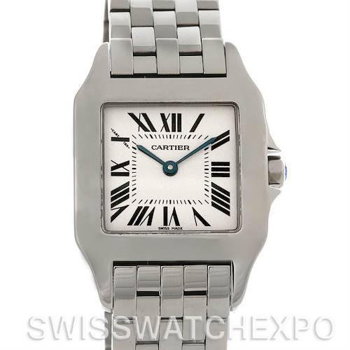 The image shows a frontal view of the Cartier Santos Demoiselle W25065Z5 Women's Steel and Gold (two tone) Silver Dial W25065Z5 Women's Steel and Gold (two tone) Silver Dial, displaying its square face, Roman numeral dial, and metal bracelet.