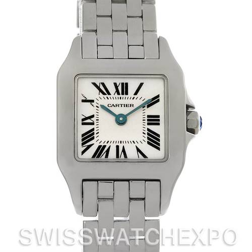 The image shows a front view of a Cartier Santos Demoiselle W25064Z5 Women's Stainless Steel Silver Dial W25064Z5 Women's Stainless Steel Silver Dial watch, including its dial, bezel, and part of the bracelet.
