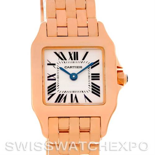 This image shows a frontal view of the Cartier Santos Demoiselle W25077X9 Women's Rose Gold Silver Dial W25077X9 Women's Rose Gold Silver Dial watch, highlighting its face, hands, and part of the bracelet.