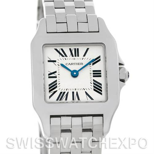 This image shows a Cartier Santos Demoiselle W25064Z5 Women's Stainless Steel Silver Dial W25064Z5 Women's Stainless Steel Silver Dial watch from a front angle, highlighting its square face, bracelet, and Roman numeral dial.