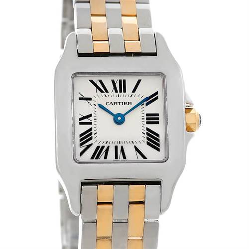 The image shows a front view of the Cartier Santos Demoiselle W25066Z6 Women's Steel and Gold (two tone) Silver Dial W25066Z6 Women's Steel and Gold (two tone) Silver Dial watch, highlighting its dial, hour markers, and two-tone bracelet.