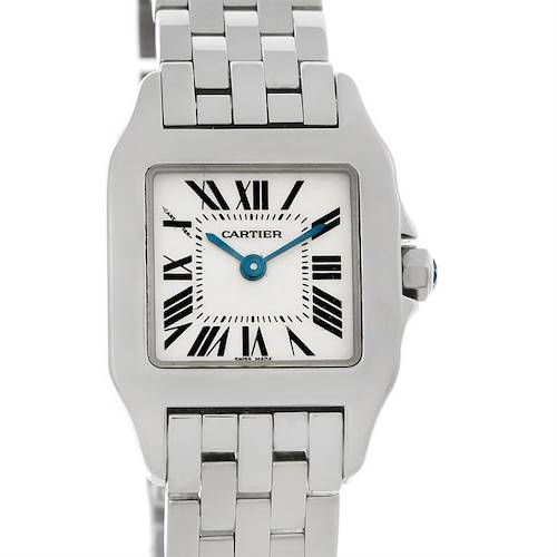 The image shows a front-facing view of the Cartier Santos Demoiselle W25064Z5 Women's Stainless Steel Silver Dial W25064Z5 Women's Stainless Steel Silver Dial watch, highlighting the square face and metal bracelet.