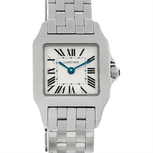 The image shows a front view of a Cartier Santos Demoiselle W25064Z5 Women's Stainless Steel Silver Dial W25064Z5 Women's Stainless Steel Silver Dial watch displaying the face, bezel, and part of the bracelet.
