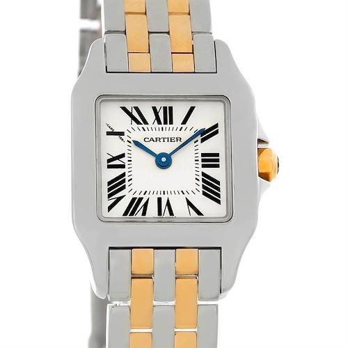 This image shows a front view of the Santos Demoiselle model by Cartier, highlighting the watch face and two-tone metal strap.