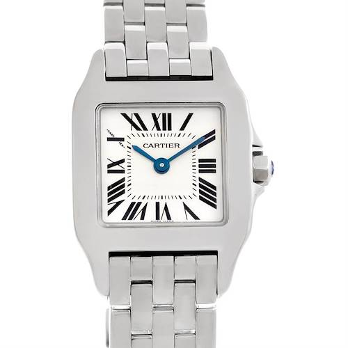 The image shows a front view of the Cartier Santos Demoiselle W25064Z5 Women's Stainless Steel Silver Dial W25064Z5 Women's Stainless Steel Silver Dial watch, highlighting the dial, bezel, and part of the bracelet.