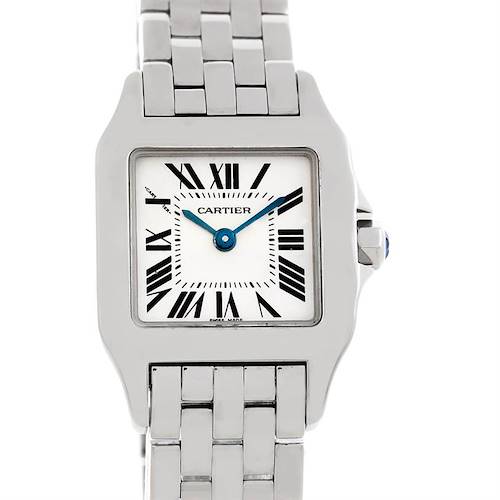 The image shows a Cartier Santos Demoiselle W25064Z5 Women's Stainless Steel Silver Dial W25064Z5 Women's Stainless Steel Silver Dial watch face-on, displaying the dial, bezel, and part of the metal bracelet.