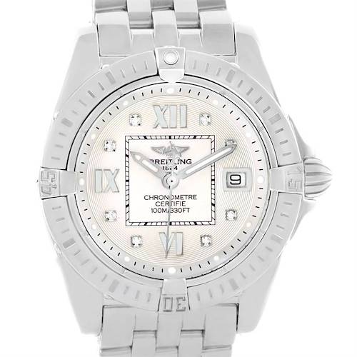 The image shows a front view of the Breitling A71356 Women's Stainless Steel Silver Dial A71356 Women's Stainless Steel Silver Dial Windrider Cockpit Silver Diamond Dial Ladies Watch A71356, displaying the dial and part of the bracelet.