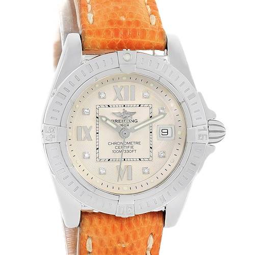 The image shows a front view of the Breitling A71356 Women's Stainless Steel Silver Dial A71356 Women's Stainless Steel Silver Dial Windrider Cockpit Diamond Dial Brown Strap Ladies Watch A71356, highlighting the dial and strap.