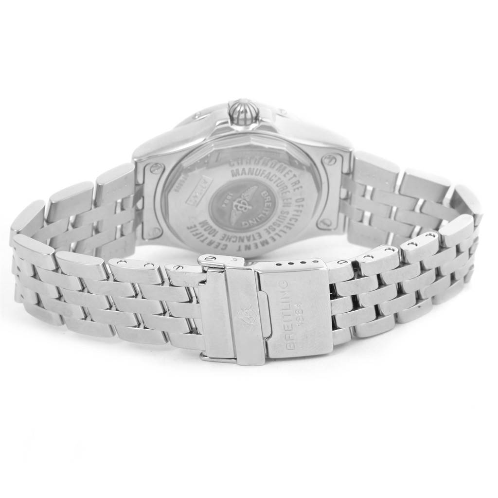 The image shows the back view of a Breitling A71340 Women's Stainless Steel Mother of Pearl Dial A71340 Women's Stainless Steel Mother of Pearl Dial Starliner Blue Mother of Pearl Diamond Watch A71340, highlighting the clasp and bracelet.
