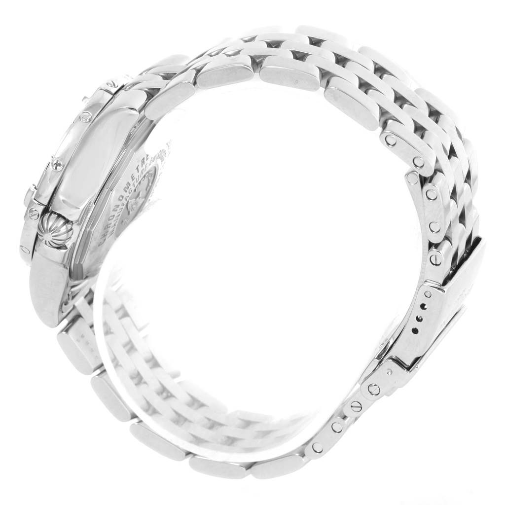 This image shows the side view and bracelet of the Breitling A71340 Women's Stainless Steel Mother of Pearl Dial A71340 Women's Stainless Steel Mother of Pearl Dial Starliner Blue Mother of Pearl Diamond Watch A71340 model.