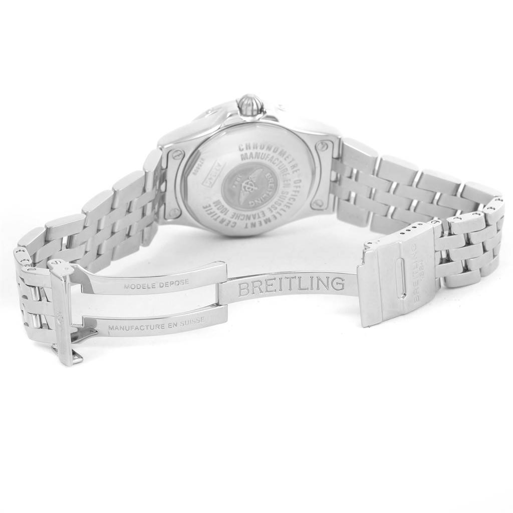 The image shows the back view of the Breitling A71340 Women's Stainless Steel Mother of Pearl Dial A71340 Women's Stainless Steel Mother of Pearl Dial Starliner Blue Mother of Pearl Diamond Watch A71340, highlighting the clasp, case back, and part of the bracelet.