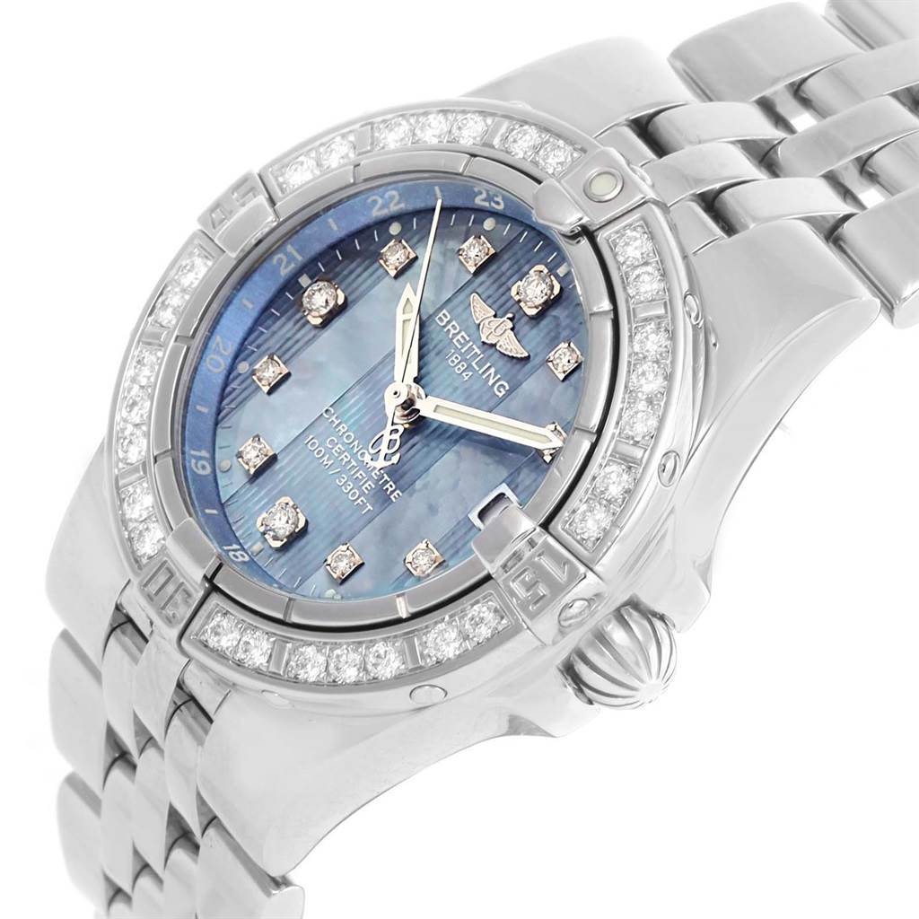The image shows a Breitling A71340 Women's Stainless Steel Mother of Pearl Dial A71340 Women's Stainless Steel Mother of Pearl Dial Starliner Blue Mother of Pearl Diamond Watch A71340 from an oblique angle, highlighting the dial, bezel, and bracelet.
