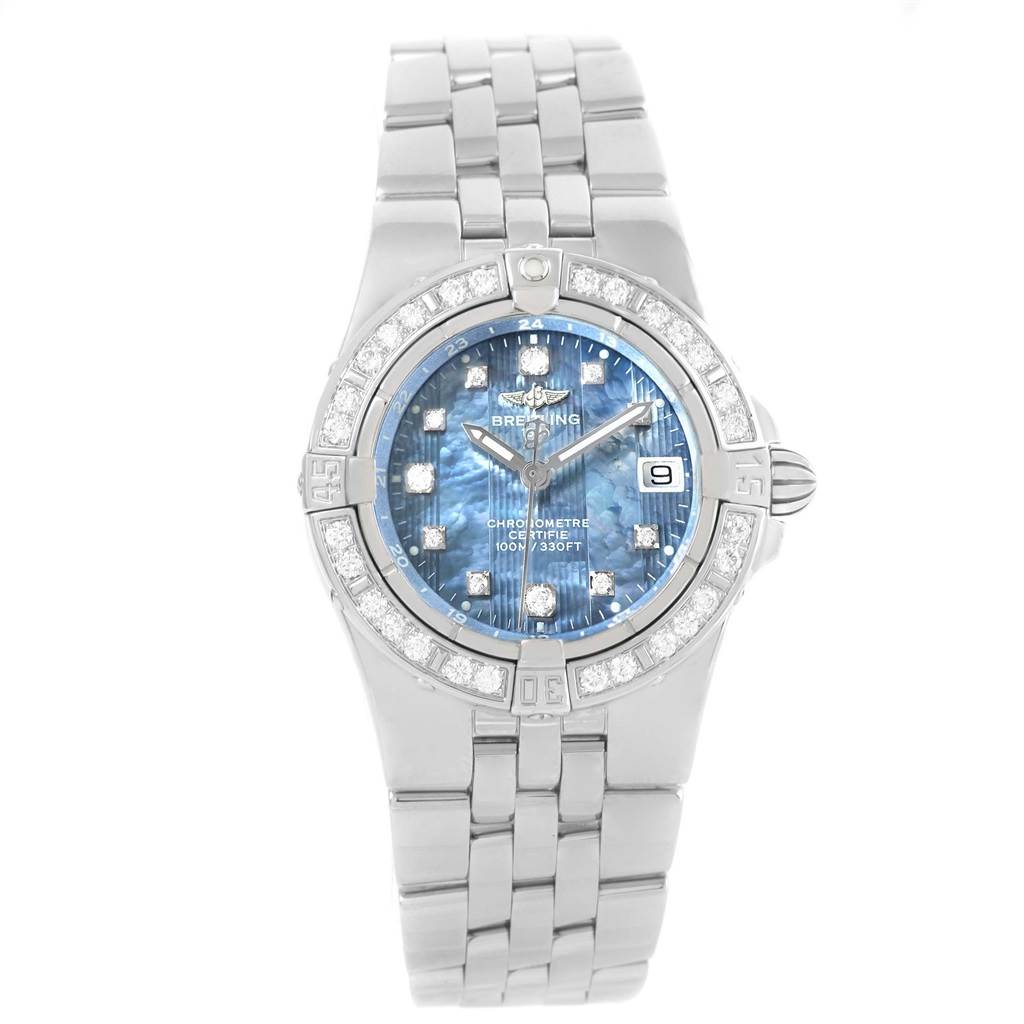 The image shows a front view of the Breitling A71340 Women's Stainless Steel Mother of Pearl Dial A71340 Women's Stainless Steel Mother of Pearl Dial Starliner Blue Mother of Pearl Diamond Watch A71340, displaying the face and bracelet.