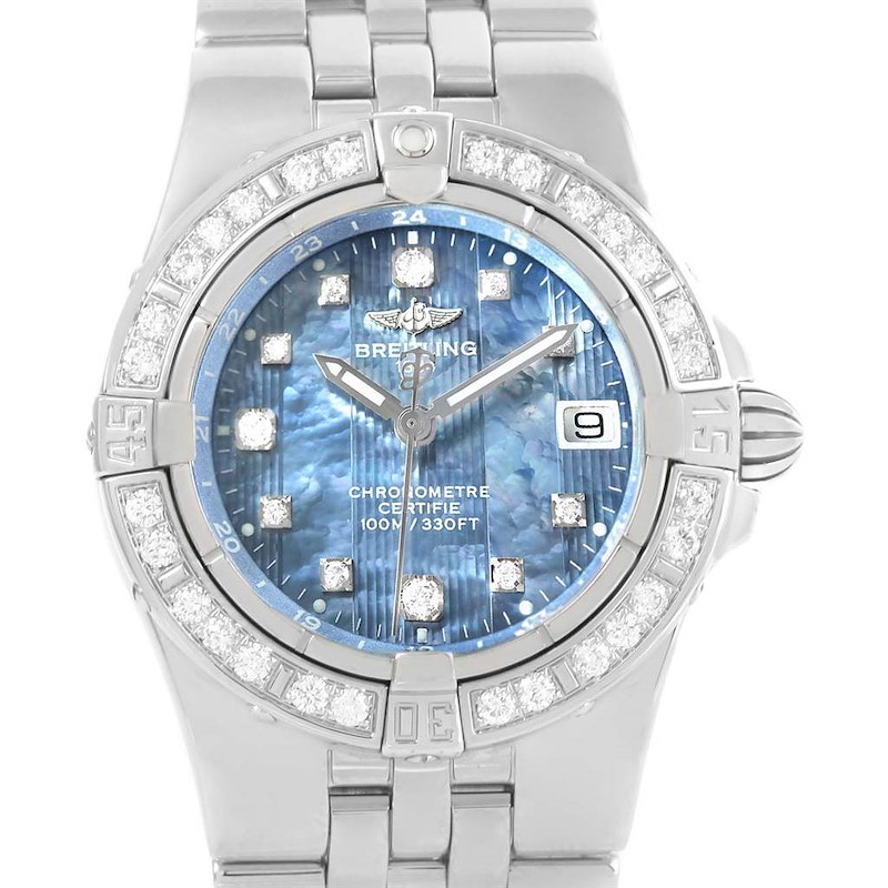 The image shows a front view of the Breitling A71340 Women's Stainless Steel Mother of Pearl Dial A71340 Women's Stainless Steel Mother of Pearl Dial Starliner Blue Mother of Pearl Diamond Watch A71340, highlighting its dial and bezel.